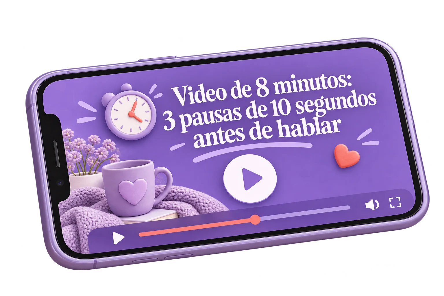 Celular horizontal con el Video de 8 minutos: 3 pausas de 10 segundos antes de hablar y el botón de reproducir