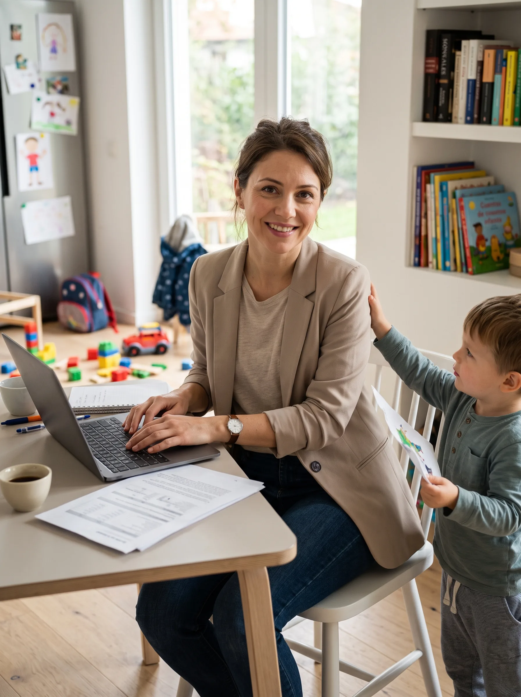 Patricia sonriendo en la mesa de su casa junto a su hijo pequeño