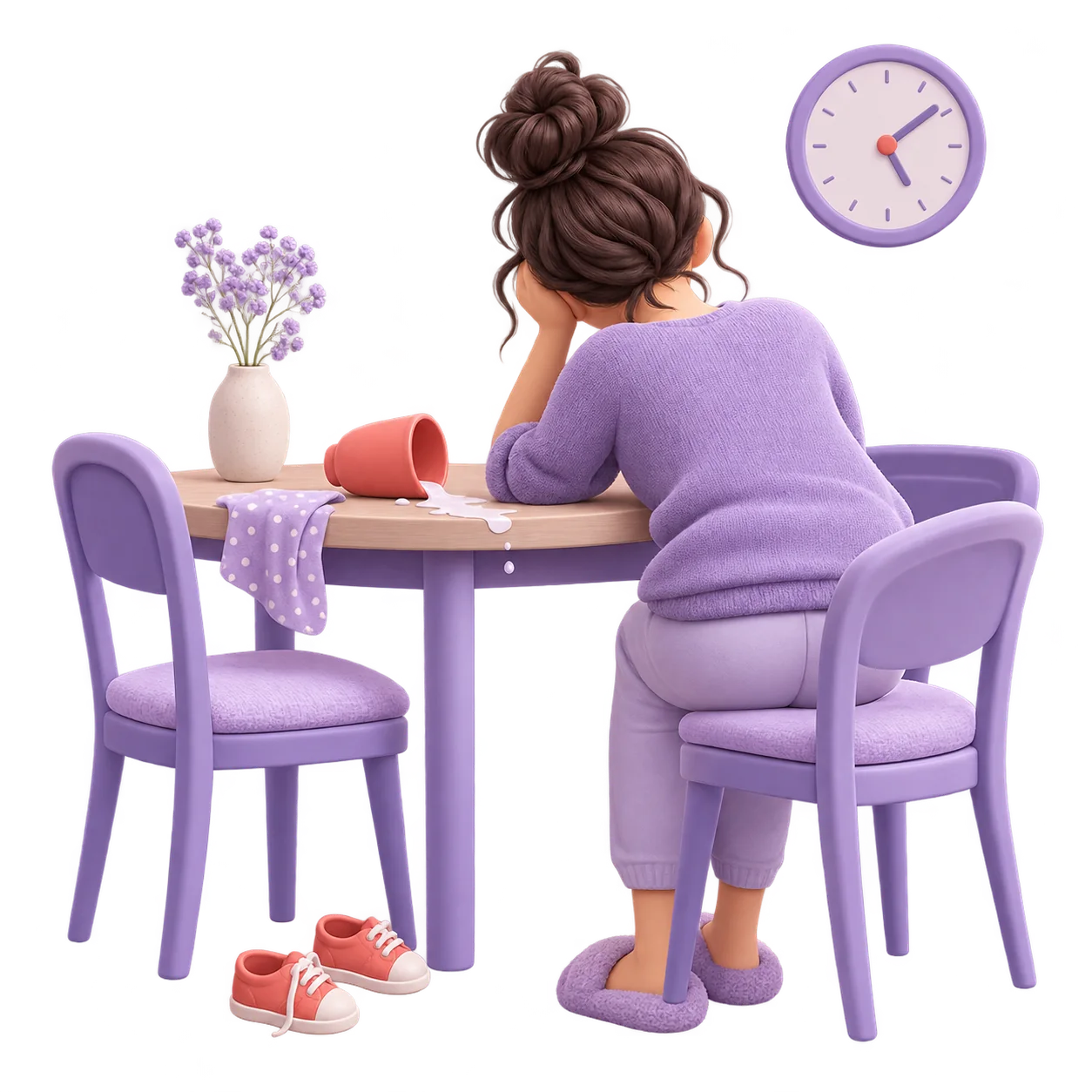 Una mamá agotada con la cabeza apoyada en la mano frente a la mesa de la cocina, con un vaso derramado, unos zapatos pequeños en el piso y el reloj de pared