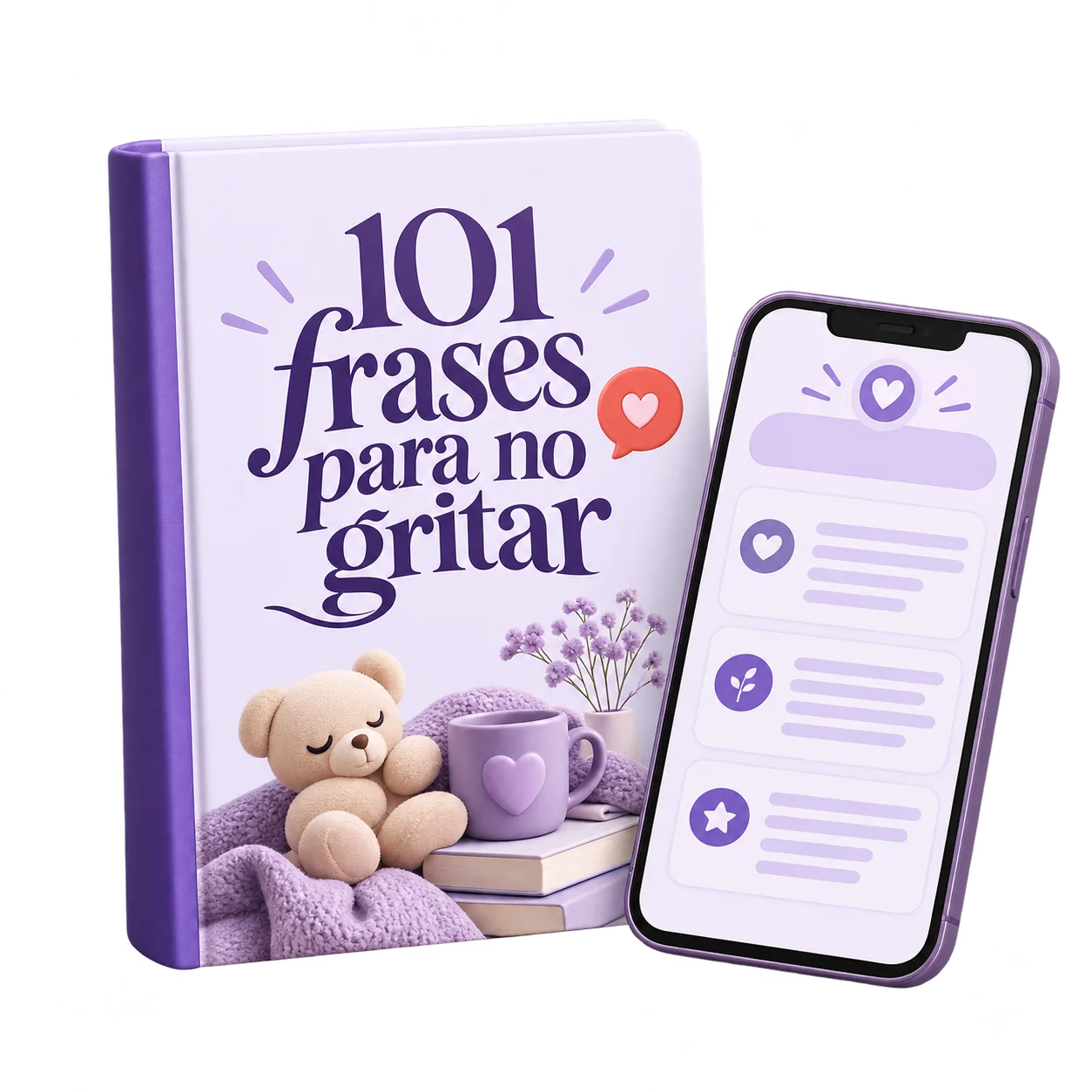 Portada de 101 frases para no gritar junto a un celular con una página interior del PDF